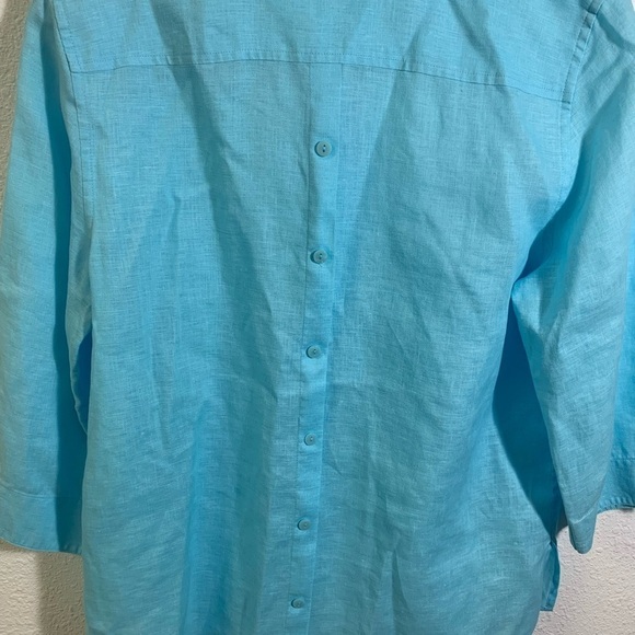 Chico's Turquoise Button Down Linen Lightweight 3/4 Sleeve Spring Blouse - Picture 2 of 9
